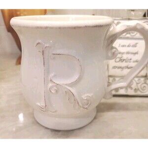 Pier 1 Mug Initial R Shabby Chic French Country Elizabeth Coffee Cream White